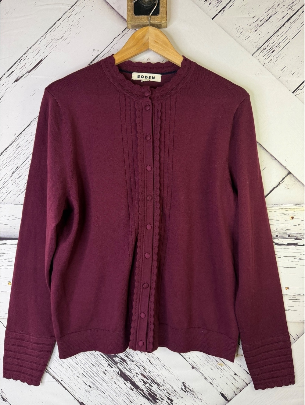 Boden Angela Scallop Cotton Cardigan Sweater Burgundy Wine Women LG Cottagecore